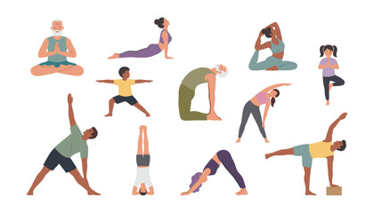 Fototapeta premium Yoga poses vector set with diverse people of different ages practicing healthy fitness workouts meditation and stretching exercises
