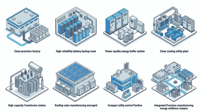 Collection of isometric illustrations depicting various energy infrastructure and utility facilities.