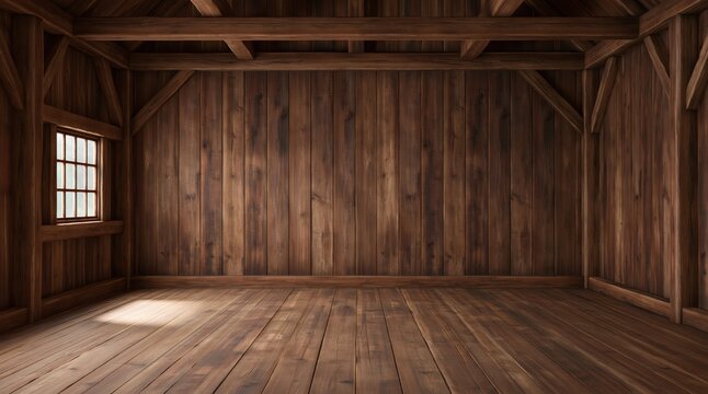 Rustic empty room with dark wooden timber walls and floor featuring a small window with beams of sunlight inside