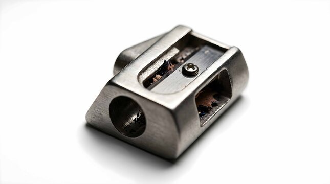 Metallic pencil sharpener with blade and screw resting on a white background