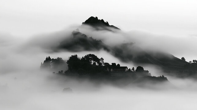 Dramatic mountain peak emerging through heavy rolling morning fog and clouds