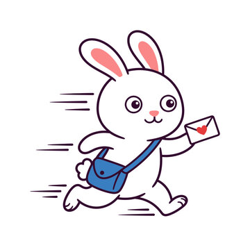 Cute running rabbit postman delivering a love letter vector illustration