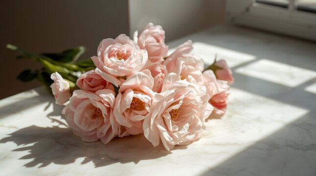 Soft pastel roses in delicate spring bouquet basking in gentle sunlight on marble surface with fresh