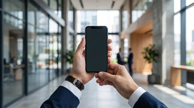 Businessman holding smartphone with blank screen in modern office lobby, corporate professional using mobile phone for communication, technology and business concept background