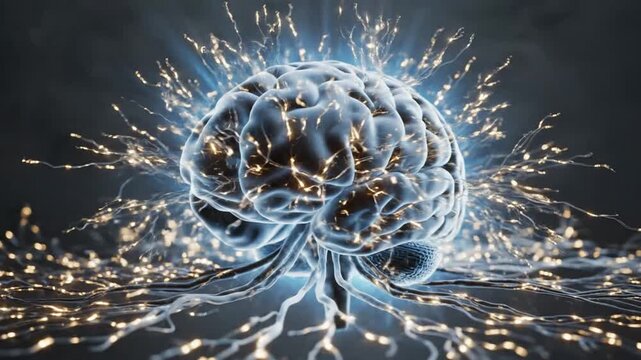Human brain with electrical impulses and neural network