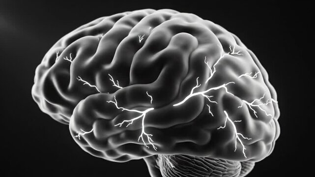 Human brain anatomical model on black background