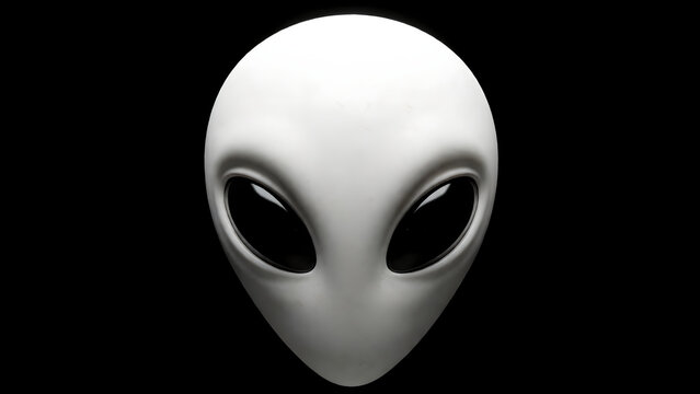 A stylized white alien head isolated against a deep black background.