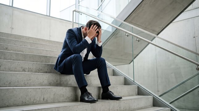 Stressed businessman sitting on concrete stairs holding head in hands, experiencing burnout and anxiety in modern office building, corporate failure and mental health concept