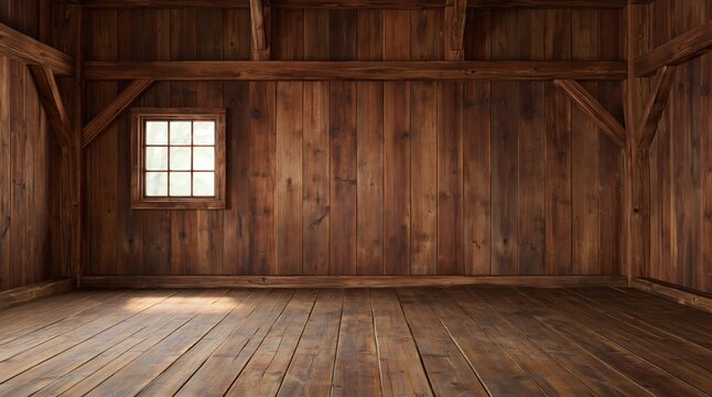 Attic interior in a rustic wooden barn loft with old timber planks and sunlight streaming through a small window