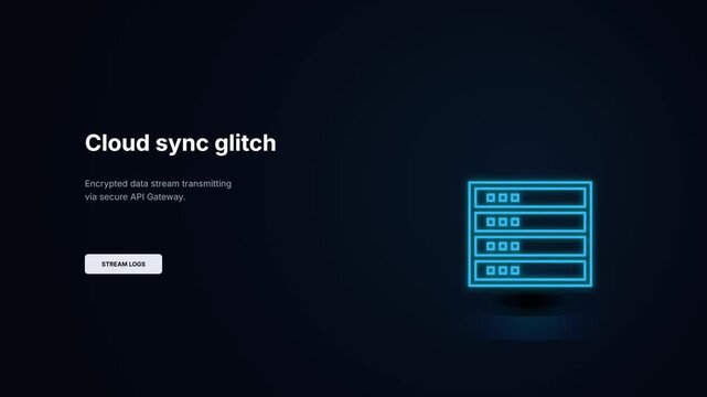 Cloud sync glitch error screen animation. Glowing cyan neon server icon. Data transmission issue prompt UI template. Stream logs button component. Cyberpunk dark theme.