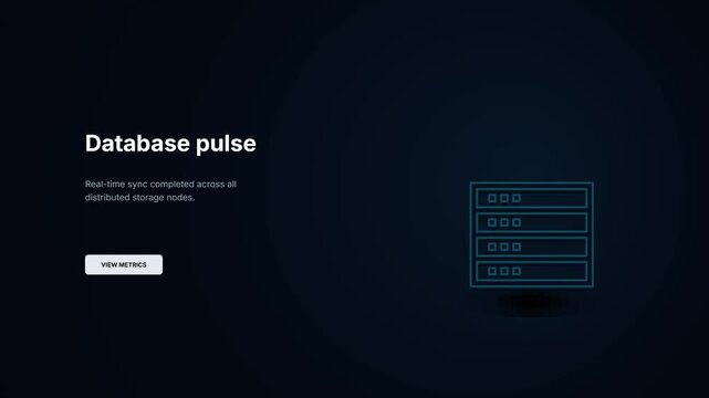 Database pulse real-time sync UI. Glowing server node storage animation. Cloud server metrics dashboard template. Distributed data processing display. Glowing icon UI element. Technology web template