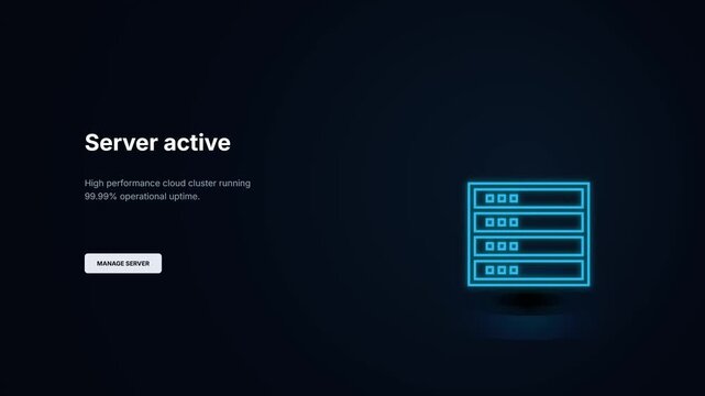 Server active uptime monitoring interface. Glowing cloud cluster rack animation. High performance datacenter status dashboard template. Network infrastructure management display. Neon UI element