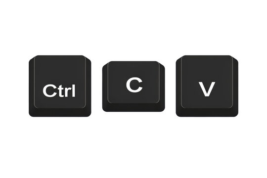 Three black computer keyboard keys displaying ctrl, c, and v symbols for copy and paste command functions isolated on a transparent background