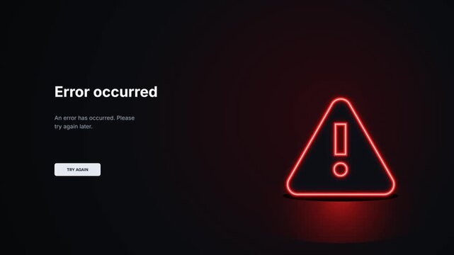 Animated error alert screen. Glowing neon warning triangle interface. System failure notification. Technical troubleshooting concept. Dark red background. Retry button UI. Software malfunction. 