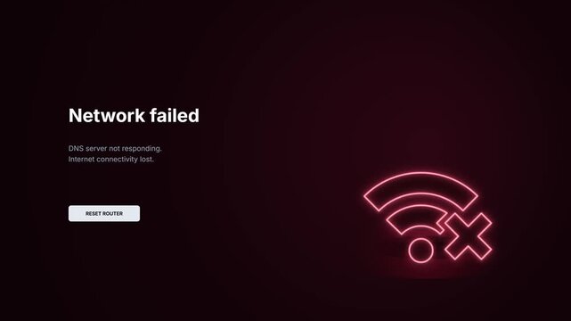 Network failed internet error interface. Glowing red wifi icon signal loss animation. DNS server not responding alert screen. System connectivity lost prompt. Reset router button object. video overlay