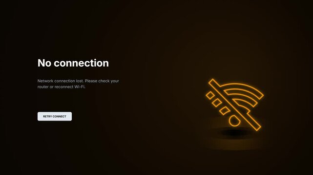 No connection network error interface. Glowing orange wifi disabled icon animation. Lost internet connection alert screen. Troubleshooting router prompt area. Neon ui dashboard template. Retry connect