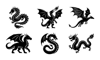 Fototapeta premium Mythical Dragon Silhouettes, Fantasy Creature Vector Icons, Legendary Beast Graphics