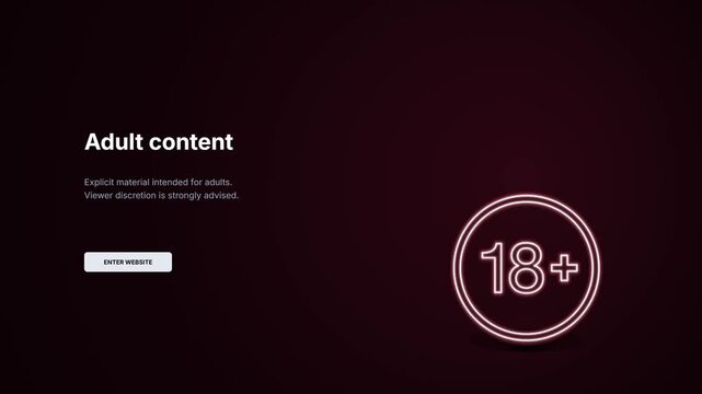 Adult content age verification screen popup. Glowing red neon 18 plus symbol animation. Website viewer discretion warning. Explicit material restriction template. Digital security gate popup