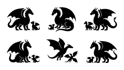 Obraz premium Dragon Family Silhouettes, Mythical Creature Vector Icons, Fantasy Animal Graphics