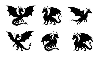 Fototapeta premium Mythical Dragon Silhouettes, Fantasy Creature Icons, Set of Six Black Vector Graphics