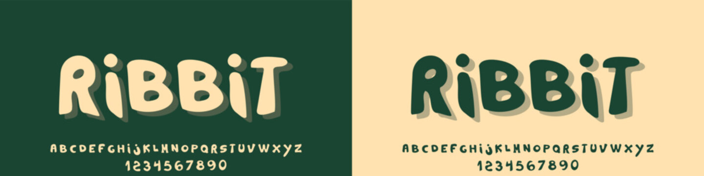 Ribbit is a quirky, cute, and playful hand-drawn display vector font with smooth edges and a subtle shadow effect. Perfect for kids' designs, nursery posters, stickers, packaging, birthday cards.