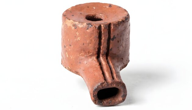 Clay pipe artifact made of terracotta rests isolated on a white background.