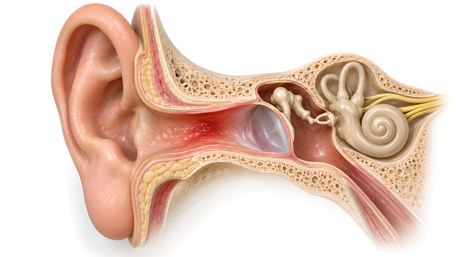 Otitis externa external ear canal medical 3D render showing localized inflammation with intact eardrum and preserved anatomy for healthcare education, audiology communication, and clinical web design