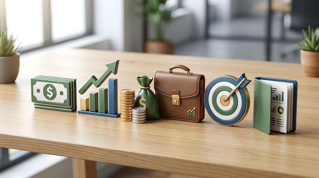 Miniature business icons representing finance and growth on wooden table
