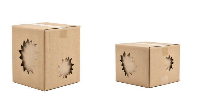 Two brown cardboard boxes with star shaped die cut windows of different sizes isolated on a transparent background