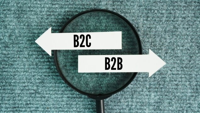 Arrow with two words B2C and B2B. B2B means business-to-business, and B2C means business-to-consumer. They are two basic ways companies sell products and services