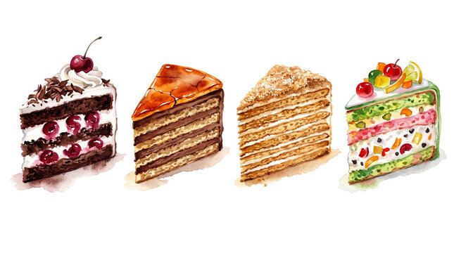 Watercolor Cake Slices Set featuring Black Forest Cherry, Caramel Dobos, Honey Medovik, and Fruit Layer Cake
