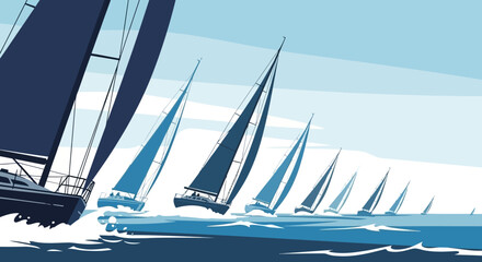 Fototapeta premium Regatta with fleet of sailing yachts racing on sea.