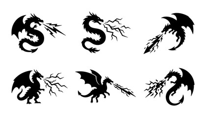 Fototapeta premium Dragon Silhouettes, Mythical Creatures, Fantasy Beasts, Fire Breathing Icons