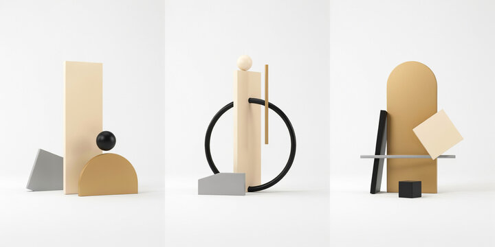 Minimalist geometric sculptures with spheres and rectangles on a white background