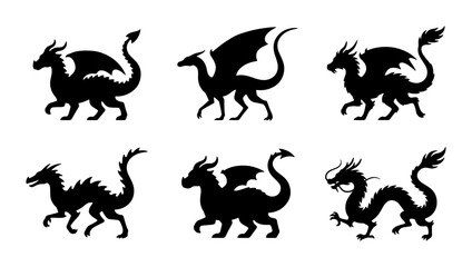 Obraz premium Dragon Silhouettes Set, Mythical Creature Vector Icons, Fantasy Beast Graphics, Legend Art