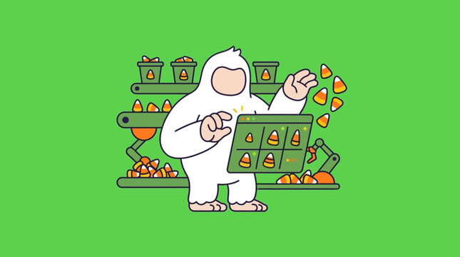 Halloween ghost sorting sweet treats on factory conveyor belt