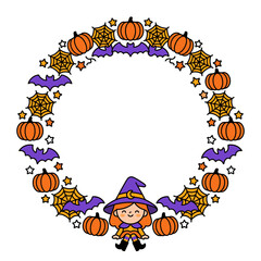 Fototapeta premium Halloween witch vector wreath with cute pumpkins bats and spider webs