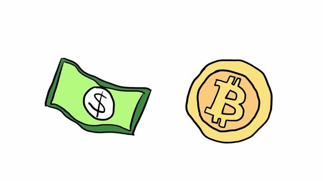 Hand Drawn Doodle Animation of US Dollar Banknote and Bitcoin Coin