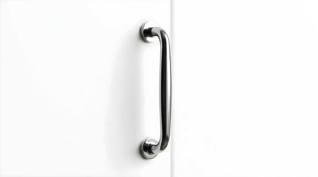 Modern chrome metal cabinet handle mounted on clean white door surface