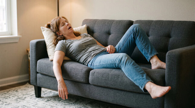 Woman sleeping on a couch with mouth open and arm hanging off