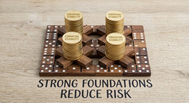 Stacks of Gold Coins on Domino Foundation Representing Financial Stability and Reduced Risk