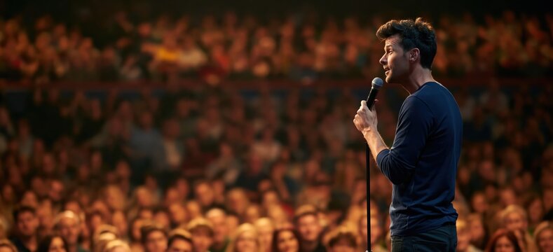 Comedian holding a microphone on stage during a comedy performance for a large crowd at a theater entertainment show