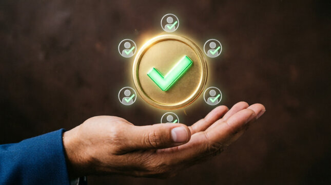 A businessman hand holds a shiny gold checkmark badge surrounded by verified customer profiles.