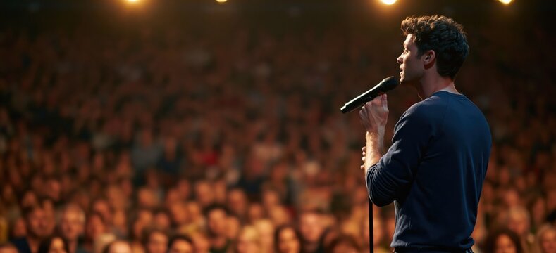 Comedian performing standup comedy on a dark stage with a microphone for a large crowd in a theater show performance