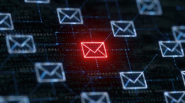 Email network abstract visualization with glowing digital message symbols for cyber security and data connection