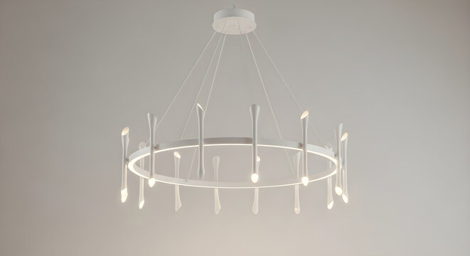 Modern circular white pendant chandelier with minimalist light fixtures for contemporary interior lighting design and elegant home decor aesthetic