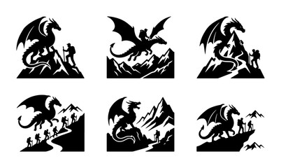 Fototapeta premium Dragon Silhouette Vector Icons, Fantasy Adventure Mountain Hikers, Mythical Creature Graphics