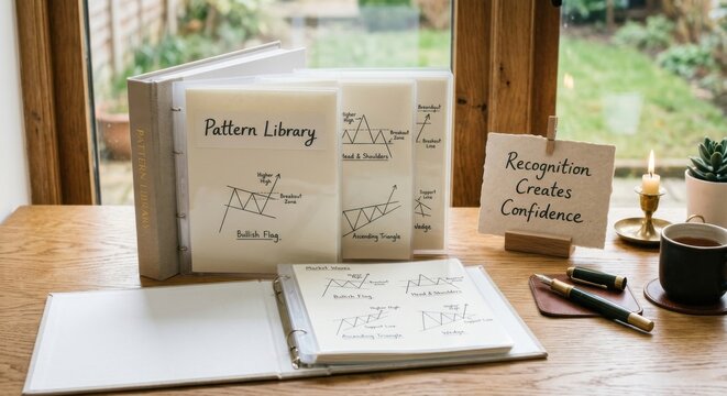 Financial trading pattern library and study materials on a wooden desk