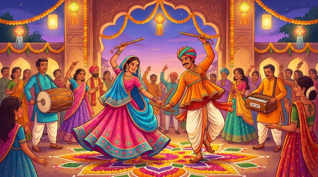 Happy navratri celebration with traditional garba dancers and music, navratri