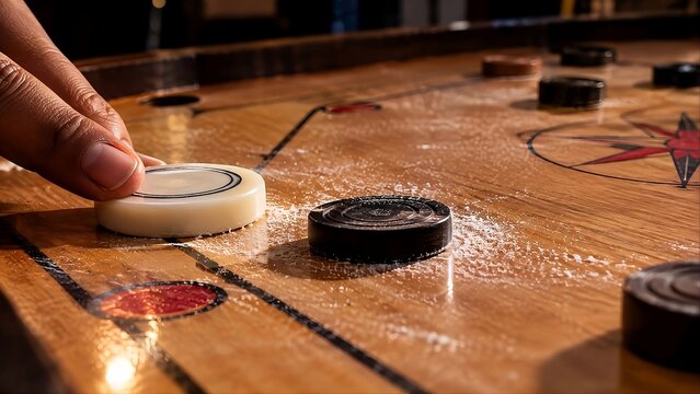 Close up of striker hitting coin on wooden carrom board with powder